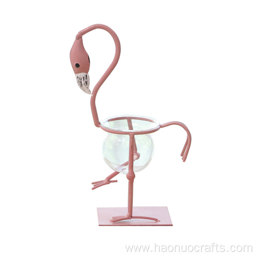 iron flamingo decoration glass and iron vase decoration